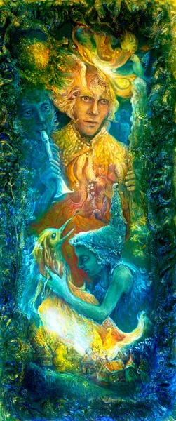 Golden sun god and blue water goddess, fantasy imagination detailed colorful painting,  with birds and flute music — Stock fotografie