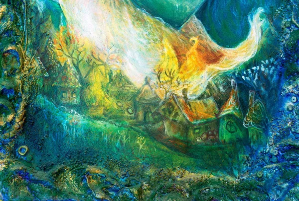 Colorful structured painting of a fairy tale forest village with white flames — Stok fotoğraf