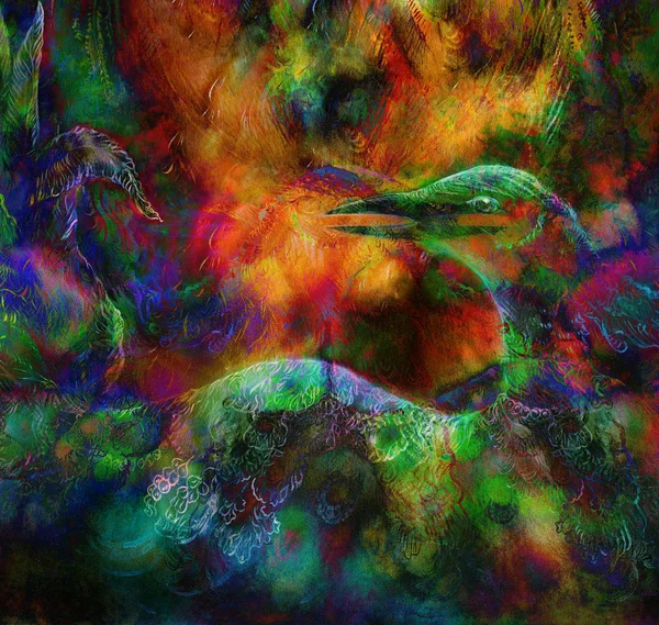 Bella pittura colorata di una fata radiante smeraldo verde uccello fenice, colorato pittura fantasia ornamentale — Foto Stock