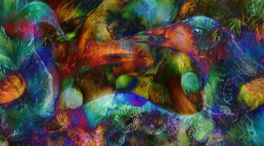 parlak Elf peri kadın yaratık ve enerji ışık ve kuş Anka kuşu kolaj