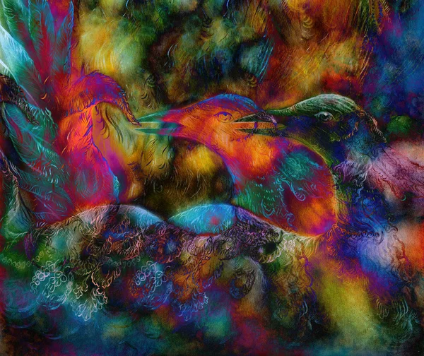 Fairy emerald green phoenix bird, colorful ornamental fantasy painting, collage. — Stockfoto