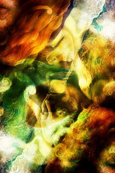 放射エルフ妖精女クリーチャーとエネルギー ライトと鳥フェニックス コラージュ — ストック写真