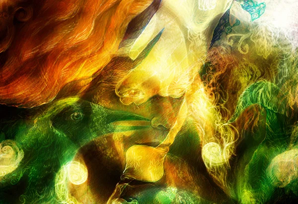 Сияющая эльфийская фея женщина существо и энергетические огни, и птица Феникс коллаж . — стоковое фото