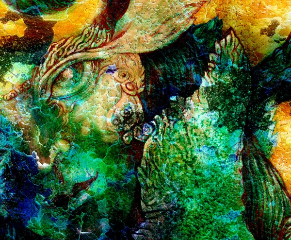 エルフの妖精の生物とエネルギー ライト、妖精のレルムで洞察力に直面してクローズ アップの肖像画、cracklle 効果コラージュ. — ストック写真