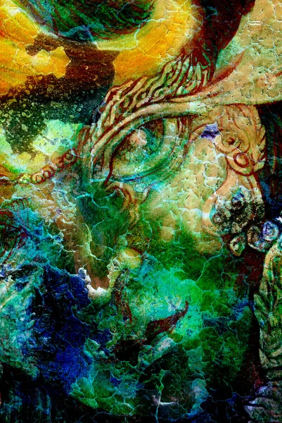 Elven νεράιδα πλάσματα και φώτα ενέργειας, μια εικόνα σε μια σφαίρα νεράιδα, αντιμετωπίζουν πορτρέτο closeup, κολάζ επίδραση cracklle. — Φωτογραφία Αρχείου