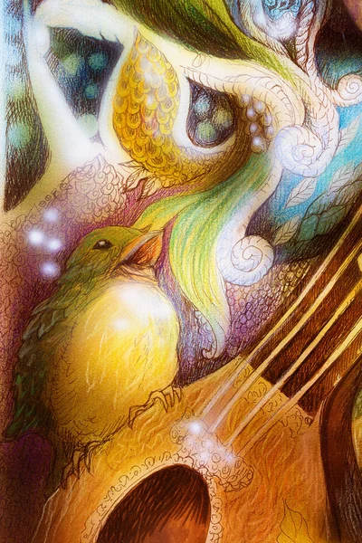 Detail of a bird singing a song of colorful ornaments on mandoline guitar — Stock Photo, Image