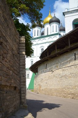 Pskov, Rusya 'daki Kutsal Üçlü Katedrali' nin kuleleri ve kubbeleri
