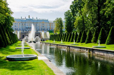 St. Petersburg, Rusya - Ağustos 2021: Büyük Saray ve Petergof Çeşmeleri