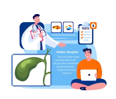 Çevrimiçi Doktor Gastroenterolog Laptop 'ta Hastaya Danışmanlık Yapıyor. Safra kesesi sistemi İnternet Teşhisi. Gall Kolalik Organ Kolesistiti Tedavisi. Dijital Tıbbi Hastane. İzole Vektör İllüstrasyonu