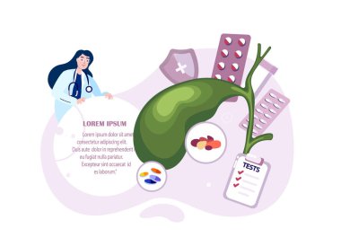 Doctors Woman Gastroenterologists Curing, Researching Gall Bladder System.Analyze Gall Gallstones.Medical Hospital Staff Consilium Consultation.Cholecystitis Cholecystis Treatment. Vector Illustration clipart