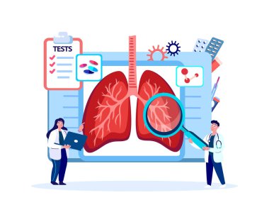 Doktor Pulmonologlar Akciğer, Solunum, Bronş Araştırmaları, Tedavi ve Tedavi. Solunum Sistemini Analiz. Tıbbi Hastane Personel Danışmanlık. COVID, Fever, Pnömoni Tedavisi. Vector Illustration