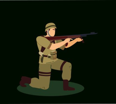 Asker, İstihbarat Subayı, İzci Askeri Karakteri ya da Personel Ordusu Kamuflaj Üniforması Giyinmiştir. Daha Casus, Tüfekli Diversiyonist, Silahlı Keşif Uzmanı. Düz Çizgi Film Vektör illemesi