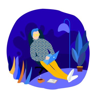 Rahat çalışan adam ayaklarını masaya koydu ve dizüstü bilgisayara baktı. Dergilerdeki iş illüstrasyonları illüstrasyonu. Düz vektör illüstrasyonu.