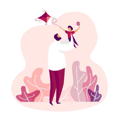 Babalar Günü tebrik kartı. Mutlu baba çocuğuyla uçurtma uçuruyor. Etiket çizimi. Bloglar ve sosyal medya için parlak düz resim, tebrik kartları, baskılar, posterler. Vektör düz illüstrasyon Düz vektör illüstrasyonu