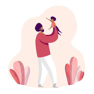 Esmer tenli mutlu baba çocuğuyla oynuyor. Mutlu Babalar Günü kutlamaları. Düz vektör illüstrasyonu