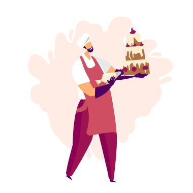 A man glazing a big cake with an berry cream and making confections. Confectionery craft process. Flat cartoon colorful vector illustration for advertising, cafe windows, stickers, invitation to cooking courses clipart