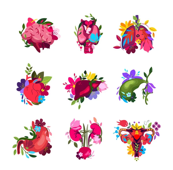 Güzel Çiçekli Insan Organları Beyin Tiroid Akciğer Kalp Karaciğer Böbrek — Stok fotoğraf