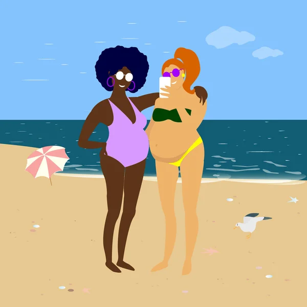 Gelukkige Zwangere Vrouwen Die Foto Selfie Nemen Het Strand Platte — Stockfoto