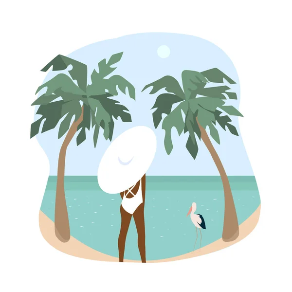 Девушка Загорает Тропическом Пляже Наблюдая Водным Пейзажем Плоская Векторная Иллюстрация — стоковое фото