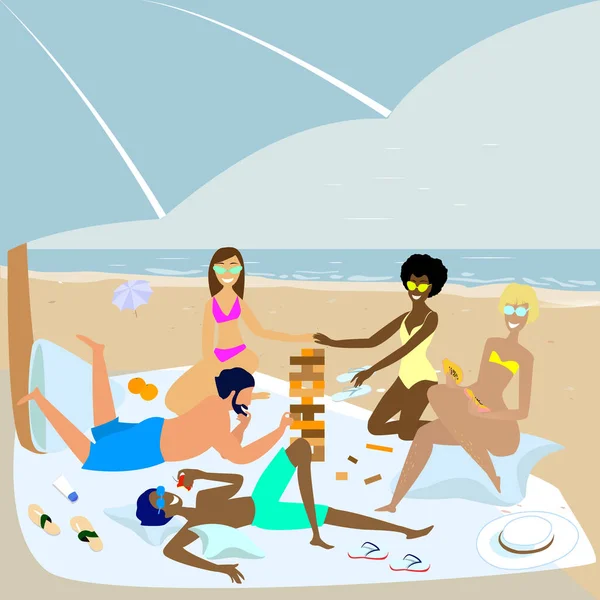 Gelukkige Vrienden Spelen Spelletjes Hebben Plezier Het Strand Platte Vectorillustratie — Stockfoto