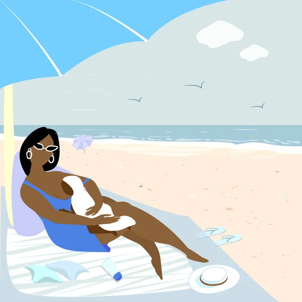 Moderne Borstvoeding Vrouw Met Haar Pasgeborene Het Strand Platte Vectorillustratie — Stockfoto