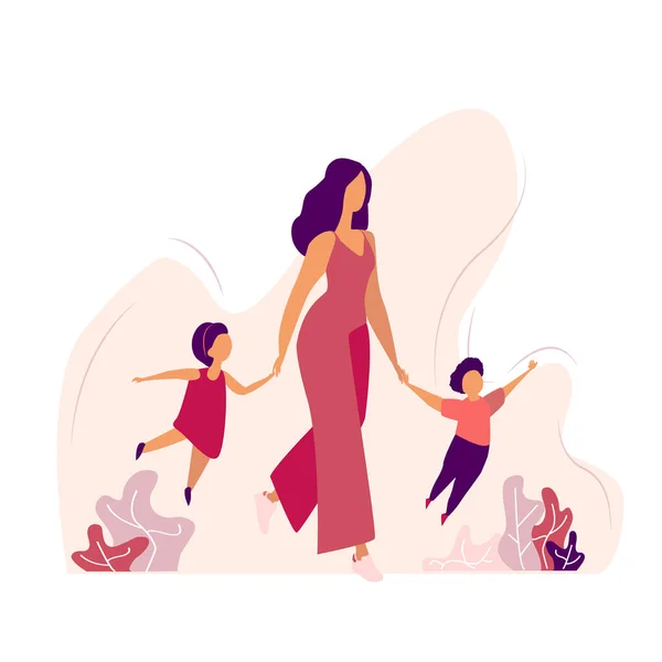 Happy mother walking with her children. Happy family concept. Flat vector illustration