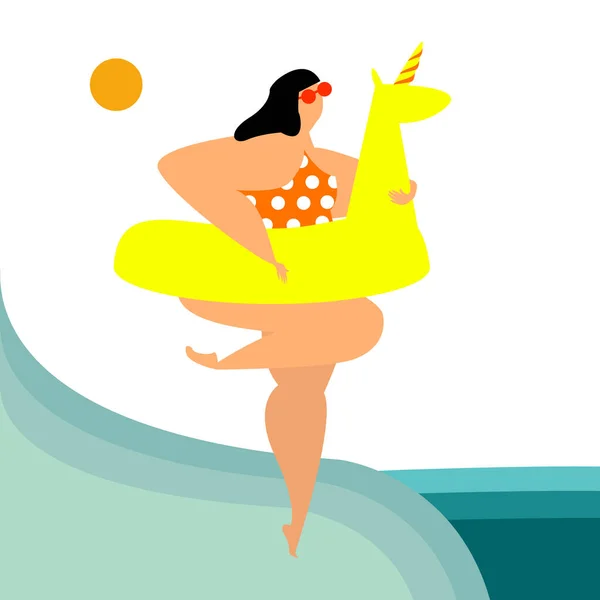 A plump woman with an inner tube on the beach having rest. Bright flat style picture for blogs, and social media, greeting cards, invitation, posters, prints. Organization of travelling, trips advertising
