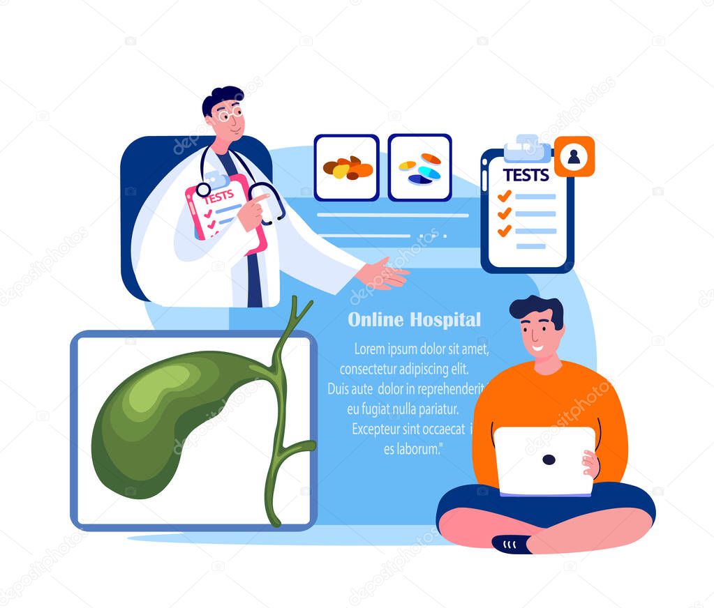 Online Doctor Gastroenterologist Consultate Patient in Laptop. Gall Bladder System Internet Diagnosing.Gall Cholalic Organ Cholecystitis Treatment.Digital Medical Hospital.Isolated Vector illustration