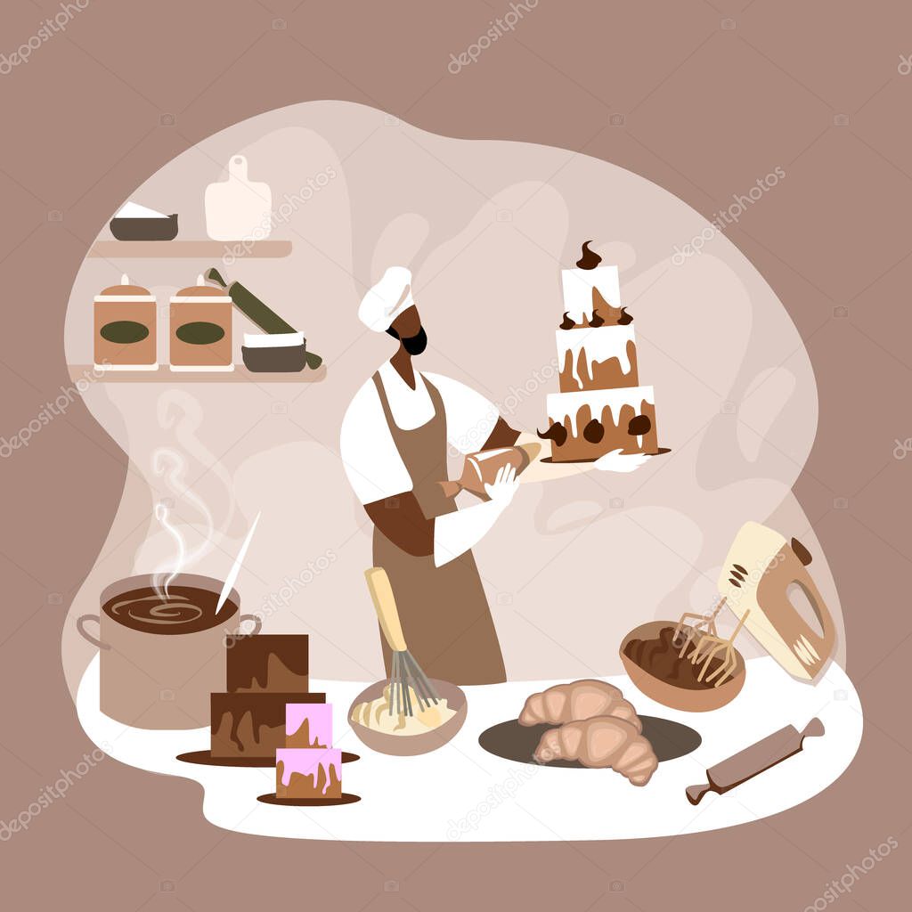 African man glazing a big cake with a chocolate cream and making confections. Confectionery craft process. Flat cartoon colorful vector illustration