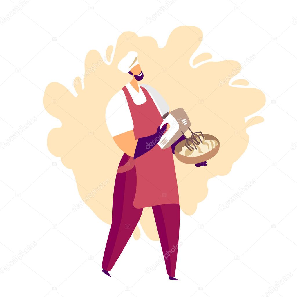 A man whipping dough or custard and making confections. Confectionery craft process. Flat cartoon colorful vector illustration for advertising, cafe windows,leaflets, flyers, stickers, invitation to cooking courses