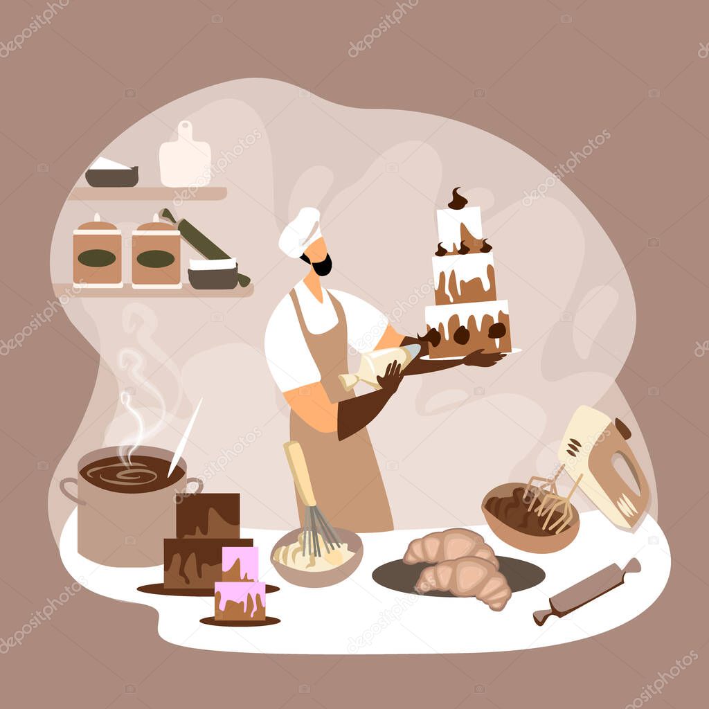 A man glazing a big cake with a chocolate cream and making confections. Confectionery craft process. Flat cartoon colorful vector illustration