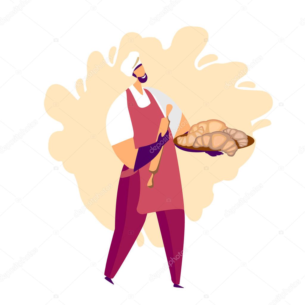 A man showing his croissants and making confections. Confectionery craft process. Flat cartoon colorful vector illustration for advertising, cafe windows, stickers,flyers, invitation to cooking courses