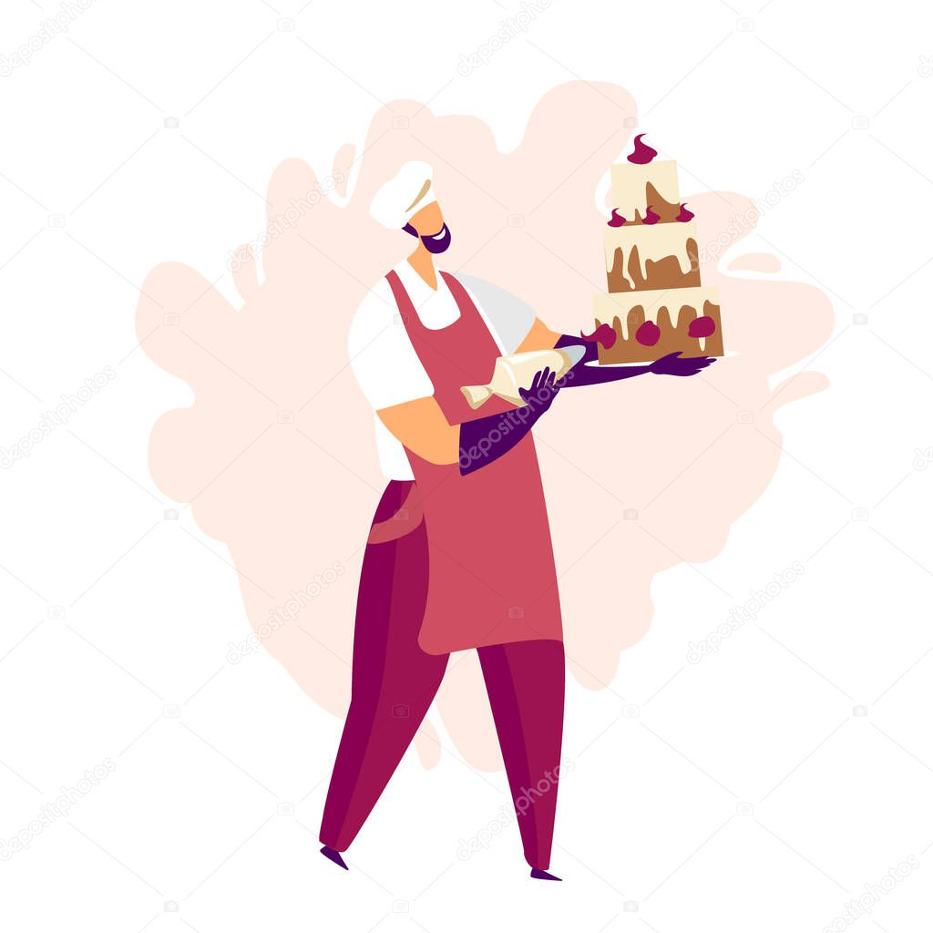 A man glazing a big cake with an berry cream and making confections. Confectionery craft process. Flat cartoon colorful vector illustration for advertising, cafe windows, stickers, invitation to cooking courses