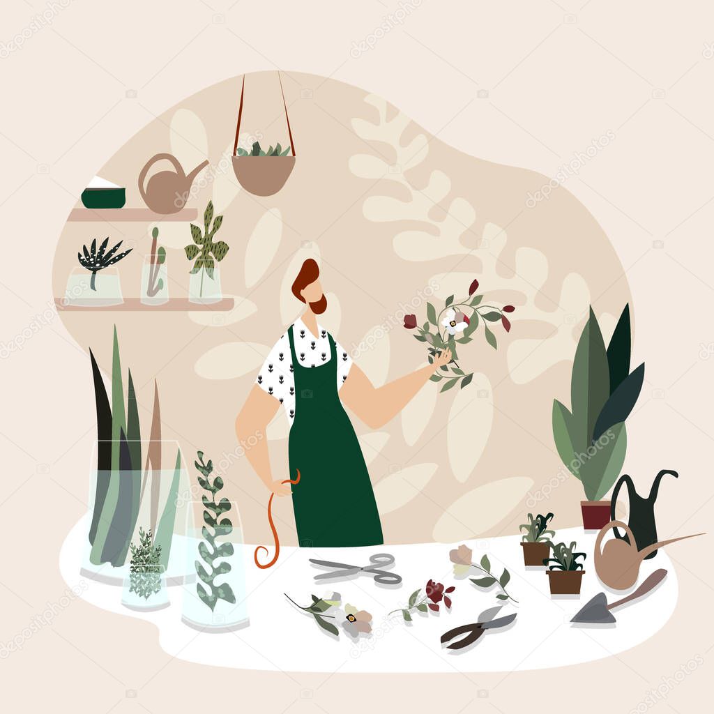 Man enjoying gardening and floristics. Floral boutique design, man merchandising and displays plants in a store, successful small business. Colorful vector illustration in flat cartoon style