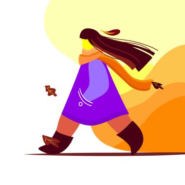 Parlak sonbahar vektör çizimi. Düşünceli kız sonbahar yaprakları arasında rüzgarlı atmosferde yürüyor. Parlak, neşeli renkler. Yapraklar ve bitkiler turuncu, mor, leylak, pembe