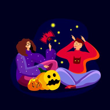 Parlak Cadılar Bayramı tebrik kartı. Çocuklarla ve şeytani balkabaklarıyla komik şakalar yapan yaratıcı bir illüstrasyon. Cadılar Bayramı öğeleri. Cadılar Bayramı partisi için şablon, vektör dairesi