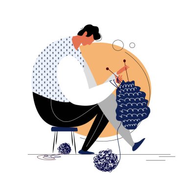 Rahat bir ev atmosferinde rahat örgü ören bir adam. Modern bir düz stil iğneli adam. Temalı kulüpler ve dergi makaleleri için bir illüstrasyon. Erkekler alışılmış kadın hobileriyle meşgul..