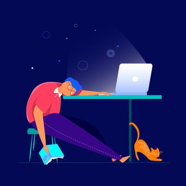 Öğrenme sürecinde uyuyakalan yorgun öğrenci kafasını bilgisayar dizüstü bilgisayarı düz vektör çizimlerini kullanarak online çalışarak masanın üzerine koydu.