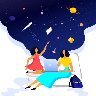 Anne üzerindeki düz vektör çizimi, öğrenme sürecinde ona yardım etmek için kızının üzerine eğiliyor. Okul ve eğitim temalı konsept illüstrasyon etrafında öğretmen, okul kızı karakterleri ve kitaplar