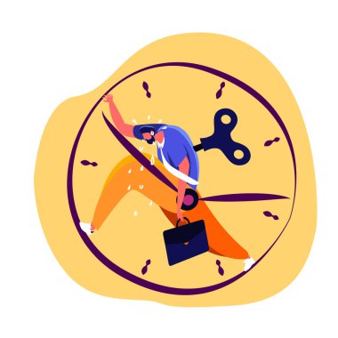 Overwhelmed employee trying to overcome his challenge, Rushing to Implement His Business Idea, Carrying his attache case and holding clock hand to stop. Exhausted worker. Flat vector illustration clipart