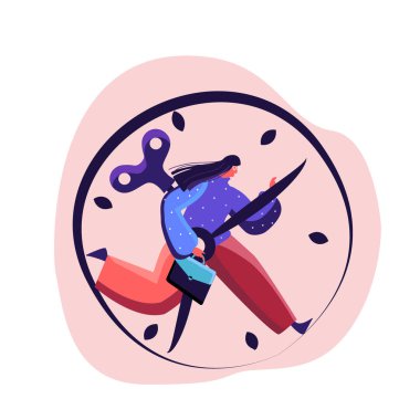 Overwhelmed businesswoman is in a hurry being late for meeting, Rushing to Implement her Business Idea, Carrying hes attache case and holding clock hand to stop. Exhausted worker. Flat illustration clipart
