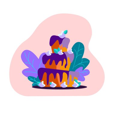 Tatlı Böğürtlen kremalı ve mor yenilebilir dekorasyonlu Aydınlık Kutlama Pastası Doğum günü veya Düğün Çizgi Filmi Düz Vektör Resimleri tebrik kartı