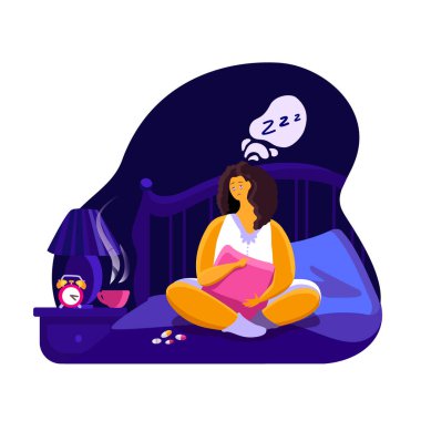 Uykusuzluk çeken kadın karakter ya da gece yatak odasında yatakta oturan kabus. Korkudan yastığa sarılan uykusuz kadın hasta battaniyesi. Koyu, yorgun, hüzünlü yüz çizimi ile uyanmış.