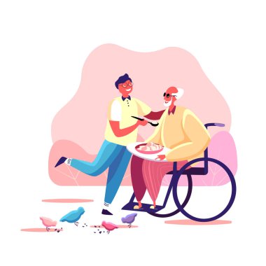 Sevgi dolu bir torun, engelli dedesini tekerlekli sandalyede beslemek ve onu desteklemek. Aile destek konsepti çizimi. Mutlu oğul babasıyla ilgileniyor ve yardım alıyor. Düz vektör hatası