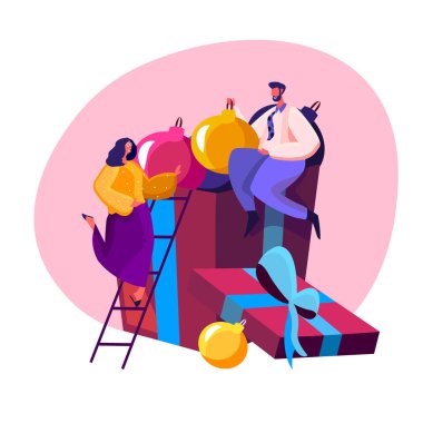 İnsanlar yeni yılı ve Noel tatilini kutluyor. Aile adamı, karı koca, koca dekorasyon odası, neşeli parlak toplar, hediyeler açılıp değiş tokuş ediliyor. Çizgi film düz vektör ilülasyonu.