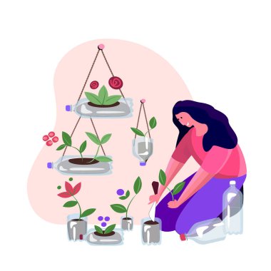 Bahçıvan kadın. Plastik şişeleri şişeleyerek tohum ve çiçek dikmek için kullanılmış kavanozları kesiyor. Dikey bahçıvanlık. Geri dönüşüm ve yeniden kullanım illüstrasyonu. Atık azaltılıyor. Düz vektör illüstrasyonu.