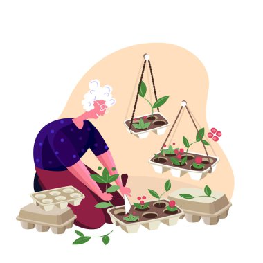 Bahçıvan Emeklisi Harcanmış yumurta kutusunu yükselten yaşlı kadın, kullanılmış kabı geri dönüşüm ve yeniden kullanım illüstrasyonu Atık konsepti düz vektör ilüstrasyonunu azaltmak için kesmiş.