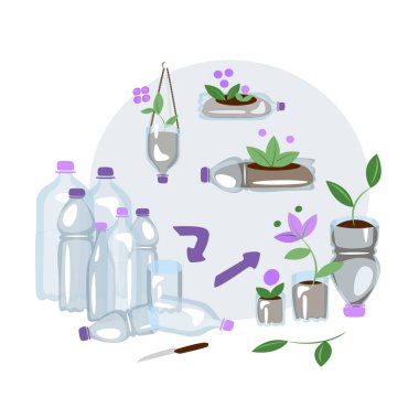 Upcycling plastic bottles cutting utilized jar to plant seedling and flowers. Potting creation. Vertical gardening. Illustration of recycling and reutilization. Reducing waste Flat vector illustration clipart