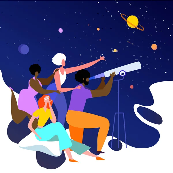 Happy friends visiting planetarium, looking at celestial bodies or space objects, planets of Solar system. Entertainment for kids and adults. Colorful vector illustration in modern flat cartoon style.