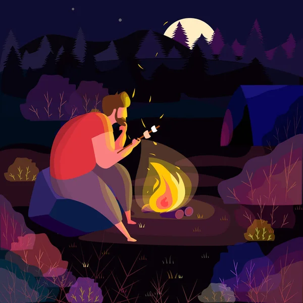 Company of friends organized a campfire in a forest. Bright flat style card for the trips advertising of hiking in the forest, mountains, in a nature. Motivation and inspiration illustration